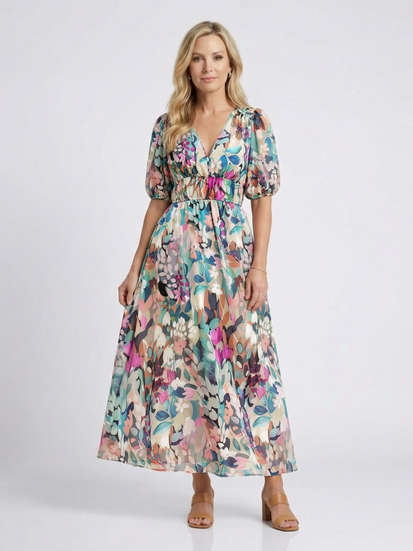 Eulalie | V Neck Short Sleeve Gathered Waist Midi Dress