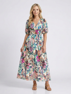 Eulalie | V Neck Short Sleeve Gathered Waist Midi Dress