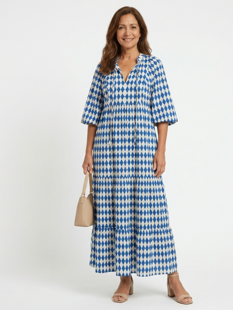 Elodie | Diamond Print Tiered Midi Dress