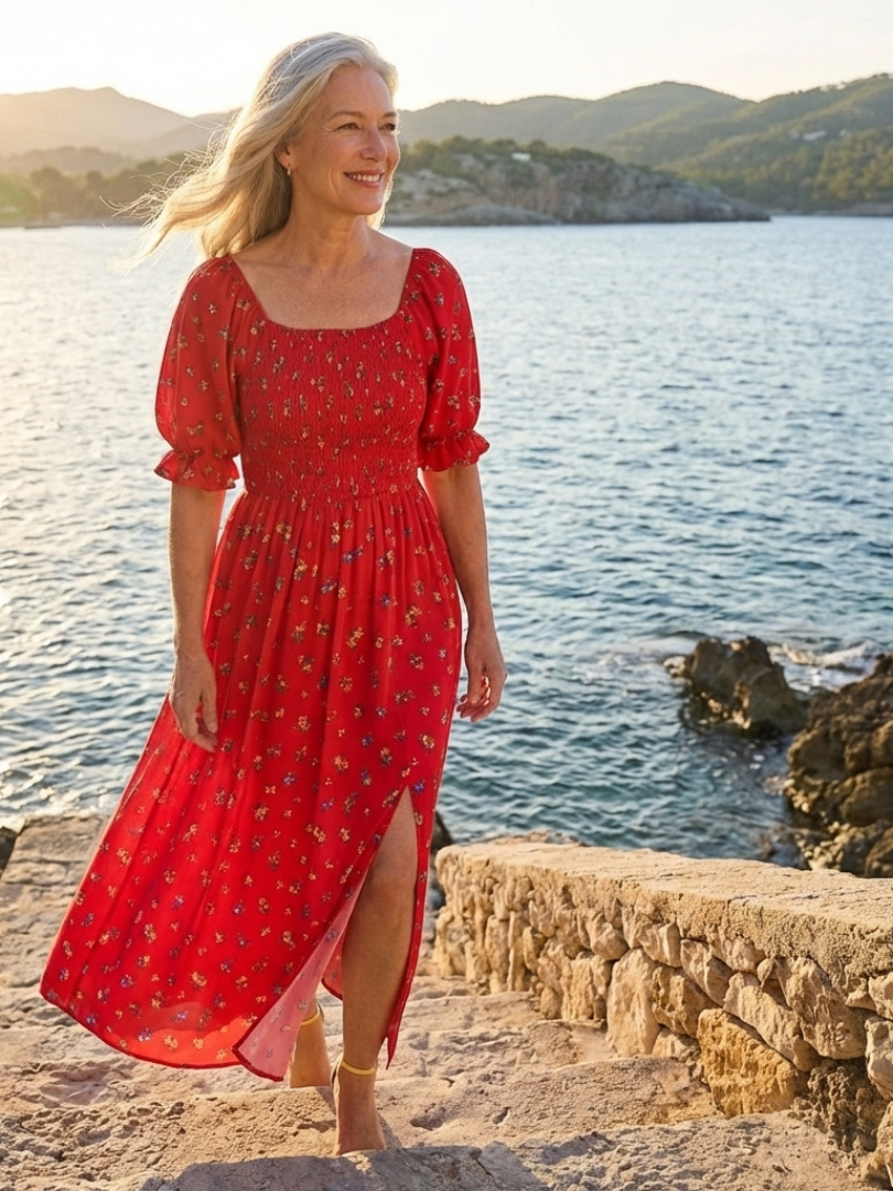 Delphine | Square Neck Floral Puff Sleeve Midi Dress