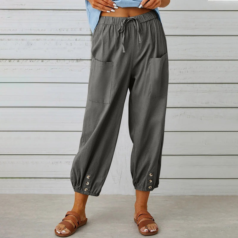 Loose Fit Women's Cropped Cotton Linen Pants Wide Leg