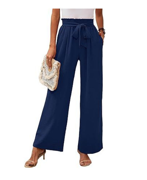 High Waist Wide Leg Pants Women Soft Tie Waist