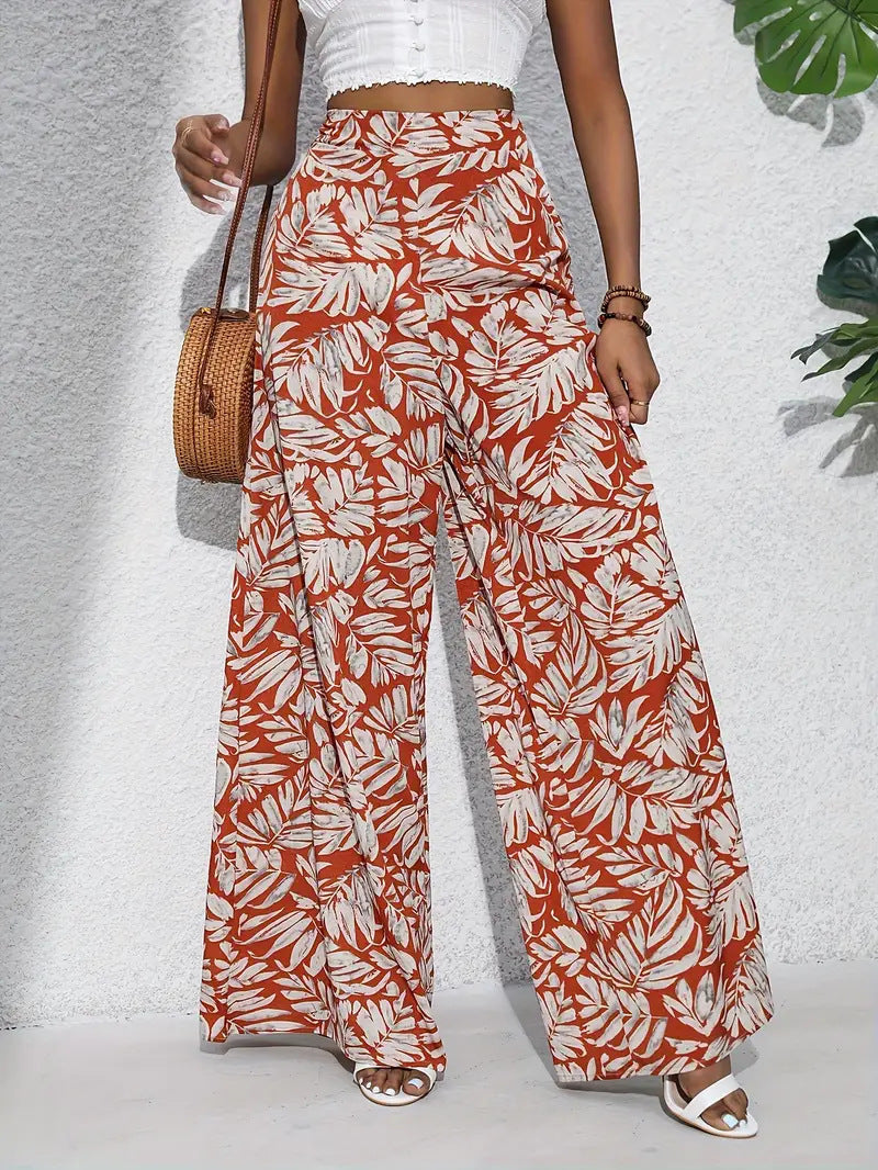 Floral Wide Leg Pants Lightweight High Waist