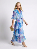 Calista | Sheer Layered V Neck Tie Waist Maxi Dress