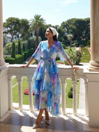 Calista | Sheer Layered V Neck Tie Waist Maxi Dress